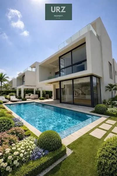 For sale at half price on the Suez Road next to The Spine Madinaty a 4-bedroom villa directly on the lagoon complete privacy with a private pool