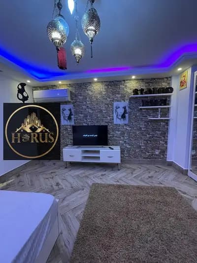 Furnished studio for daily rent in Sheikh Zayed, Compound Beverly Hills, with a distinctive outdoor seating area.