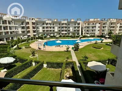 Chalet for rent at Marsilia Beach 4, North Coast. Two bedrooms and a sea view living room, double view, two balconies with a view of a large swimming pool. Prime location, close to all services, fully air-conditioned, new furniture from the owner directly. Families only.